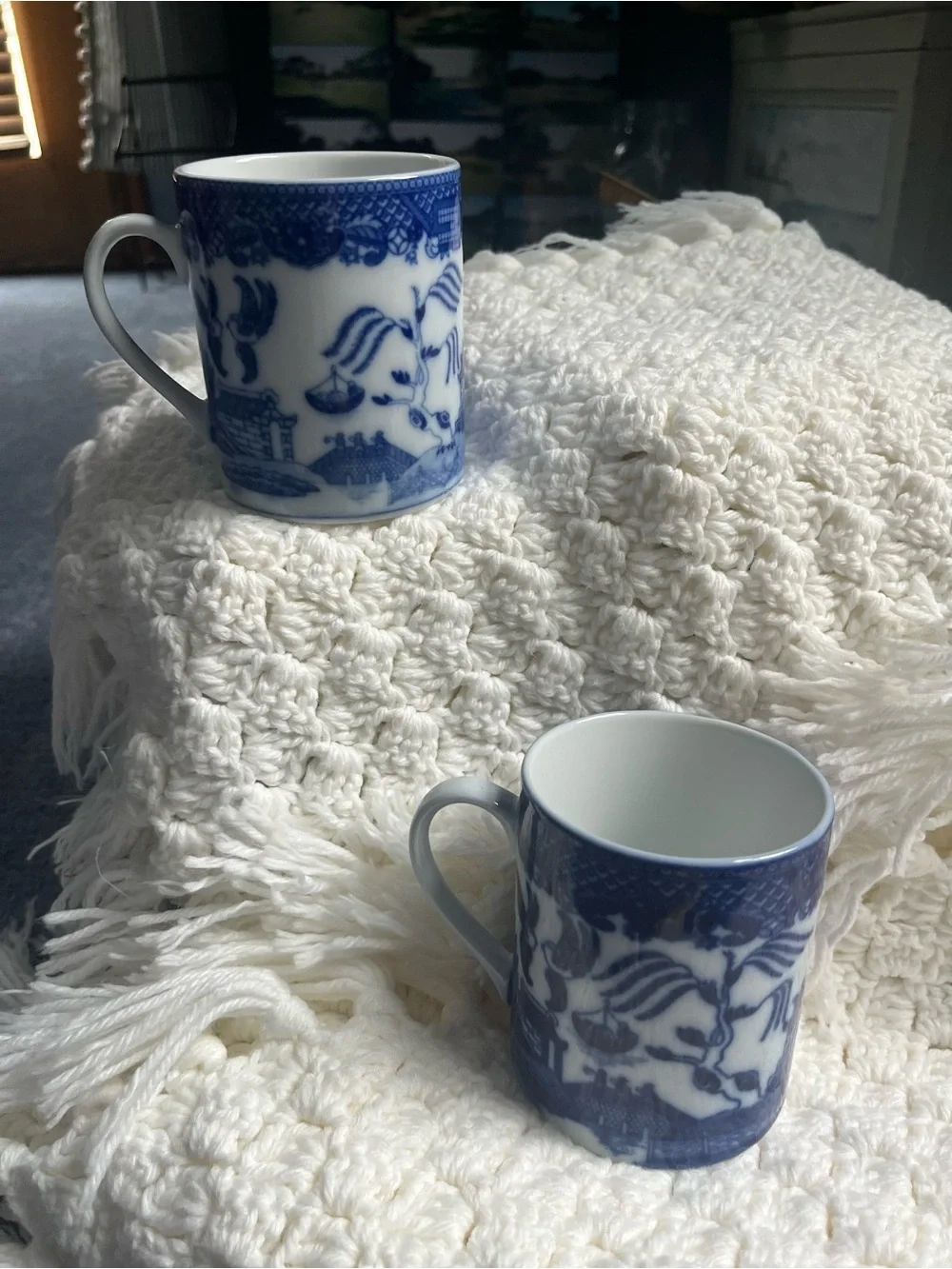 Porcelain Blue and White Willow-Style Mugs - Set of 2